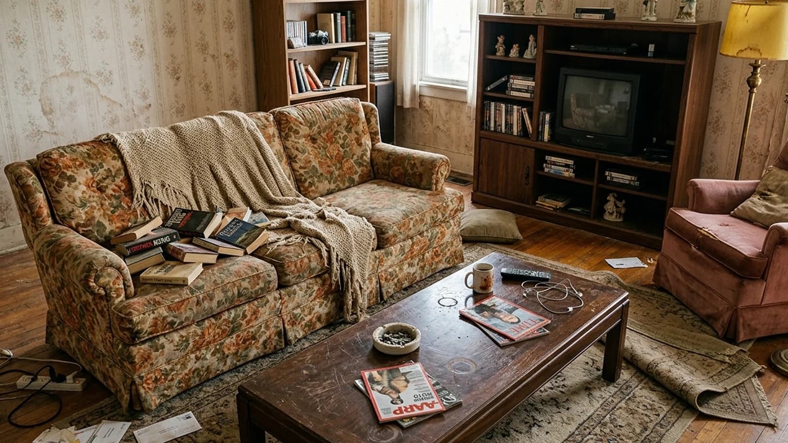 Before: a dated living room restaged with modern furniture